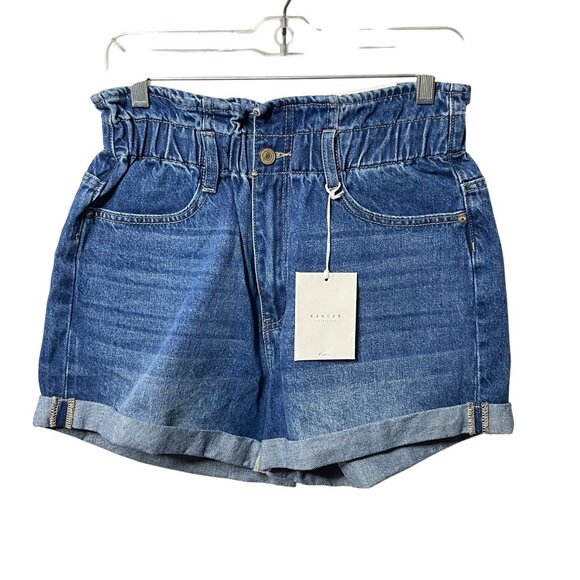 NWT KANCAN Ultra High Rise Paper Bag Shorts 100% Cotton Womens Size L Blue Denim - Picture 2 of 8